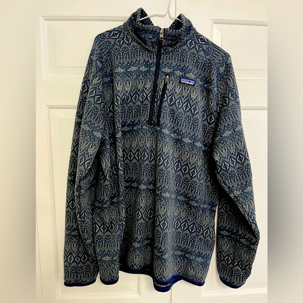 Patagonia Better Sweater 1/4 Zip Falconer Legend Mens XL Blue Aztec Fish Print